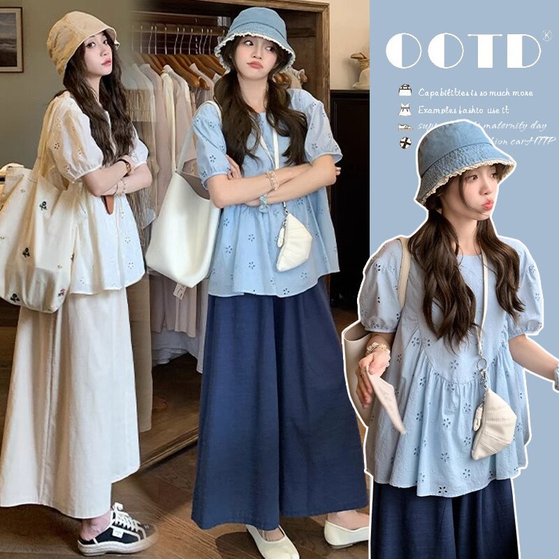 新款洋气减龄孕妇装韩版时尚短袖上衣泡泡袖遮肚圆领2025春夏