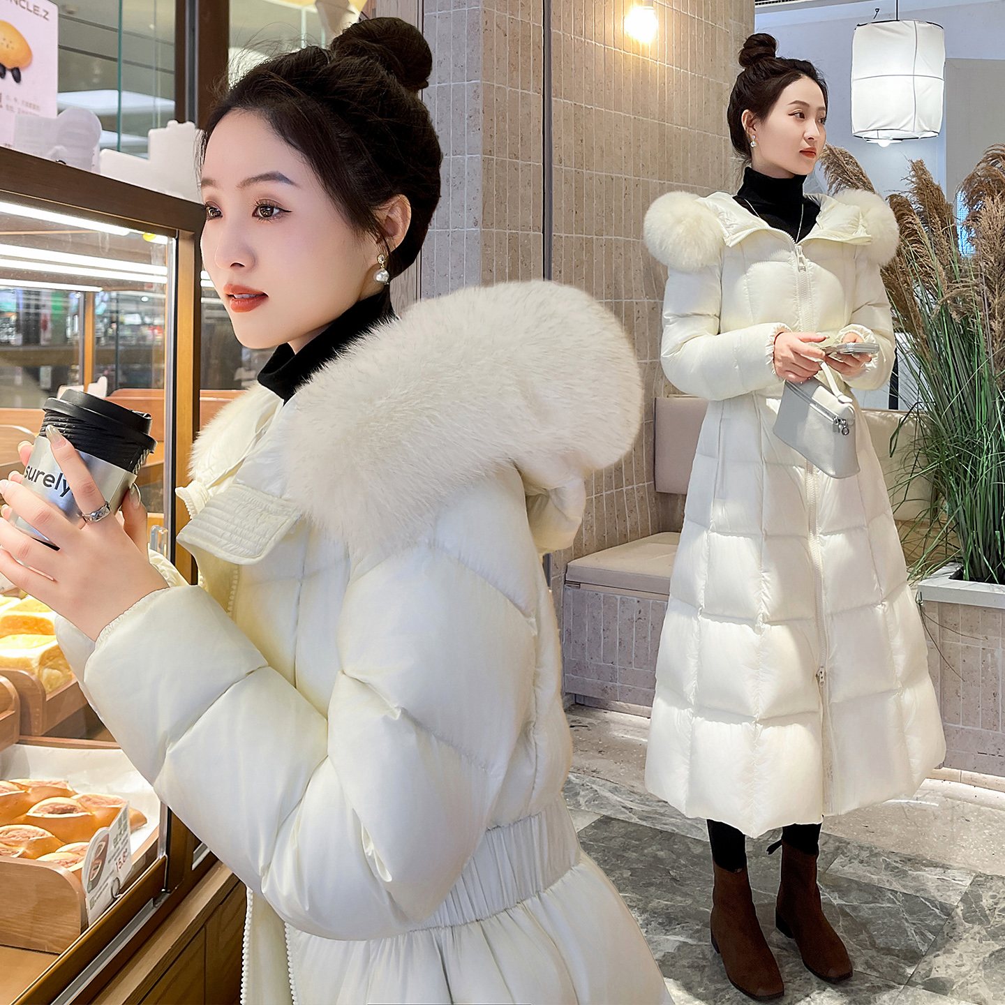 2025冬季新款白鹅绒羽绒服女长款气质收腰加厚高端大毛领洋气外套