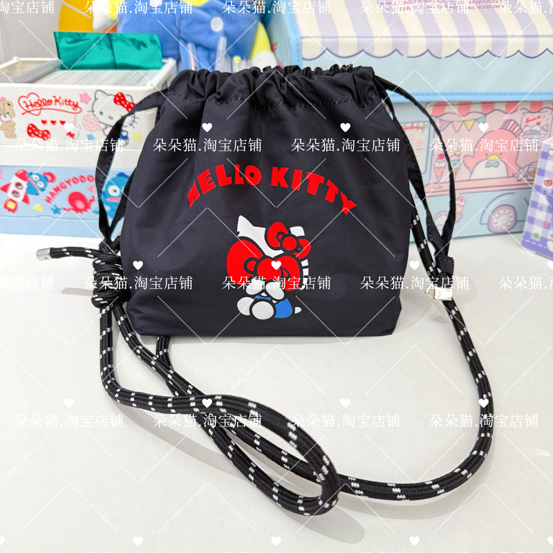 卡通猫咪束口抽绳单肩包便携收纳包可爱背包多功能化妆包斜挎包