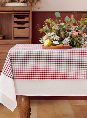阳春小镇纯棉餐桌布艺长方形家用茶几台布蓝色红复古格子桌布盖布