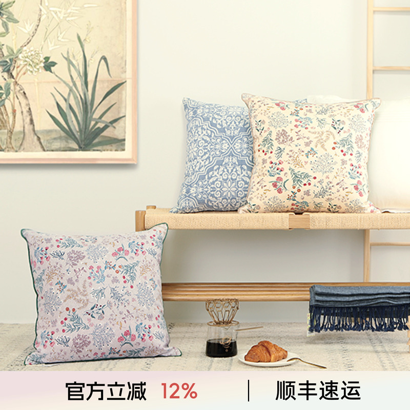 阳春小镇美式田园小碎花护腰靠垫双面棉麻抱枕沙发床头亚麻靠枕