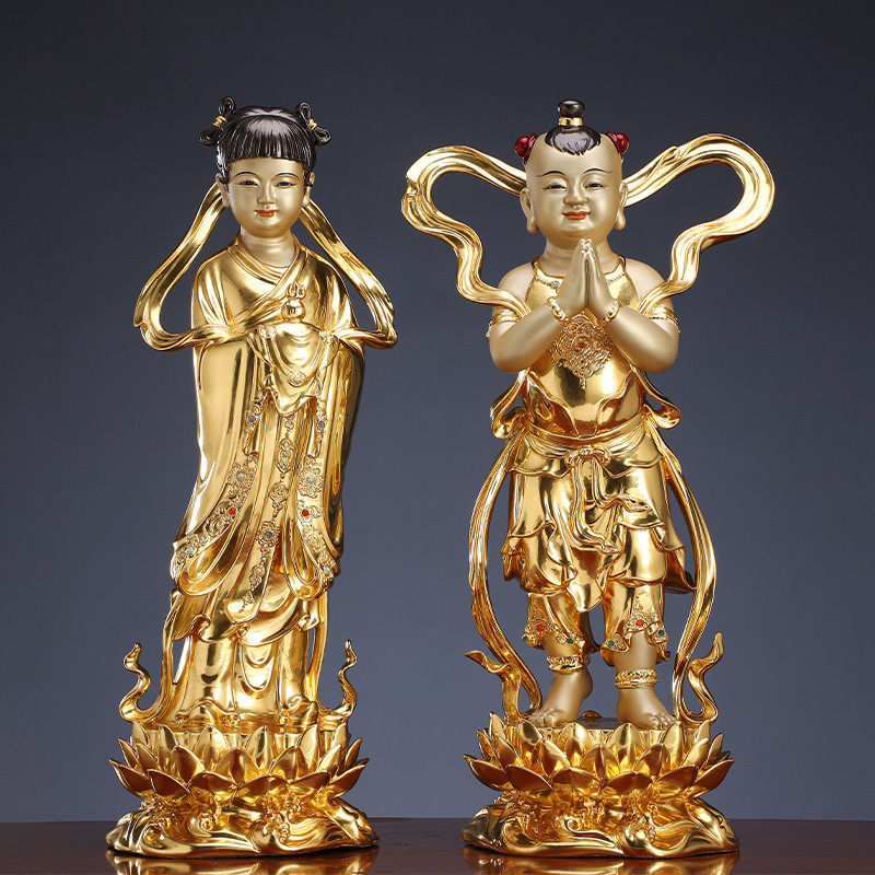 黄铜贴金镶宝金童玉女神像家用供奉善财童子童女观音座下龙女摆件