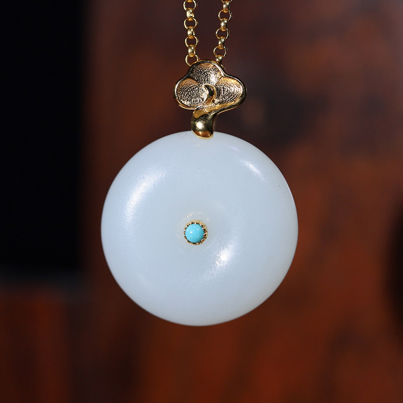 和田玉18k镶嵌金面包圈吊坠羊脂玉平安扣挂件籽料金镶玉圆环玉坠