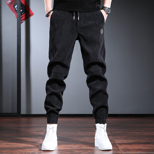 秋冬季灯芯绒裤子男加绒加厚男士休闲裤黑色潮流宽松大码锥形裤子