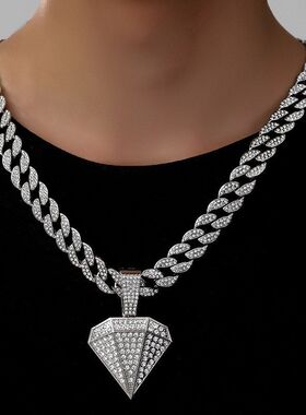 TEMU热销满钻钻石合金吊坠嘻哈跨境男士项链欧美个性简约时尚项链