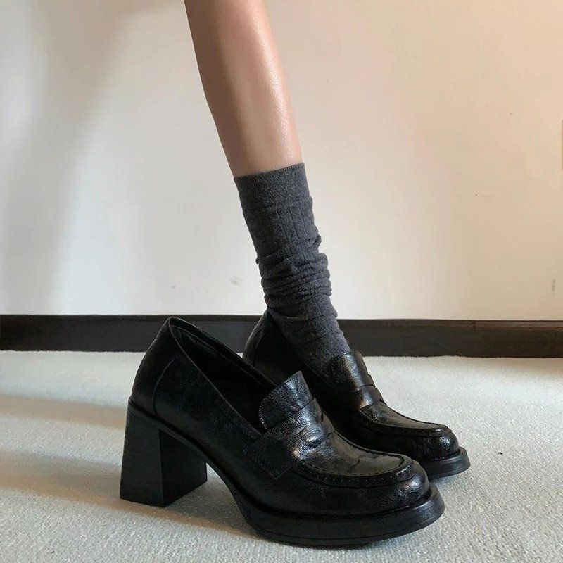 秒发高跟乐福鞋女复古百搭小皮鞋