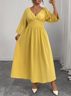 外贸新款连衣裙女装亚马逊性感气质深V领黄色礼服高腰显瘦连衣裙