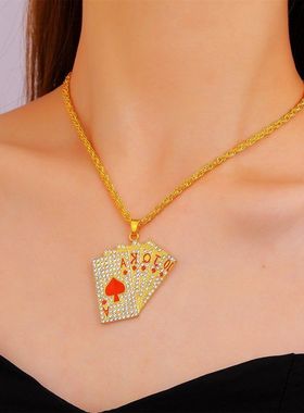 欧美个性创意镶钻扑克牌项链酷