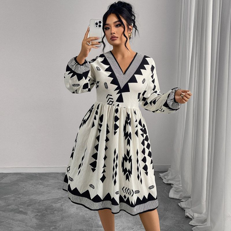 外贸秋冬新款连衣裙大码胖mm印花