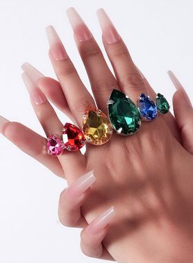 速卖通彩色水滴戒指夸张可调节水钻指环时尚配饰女earrings