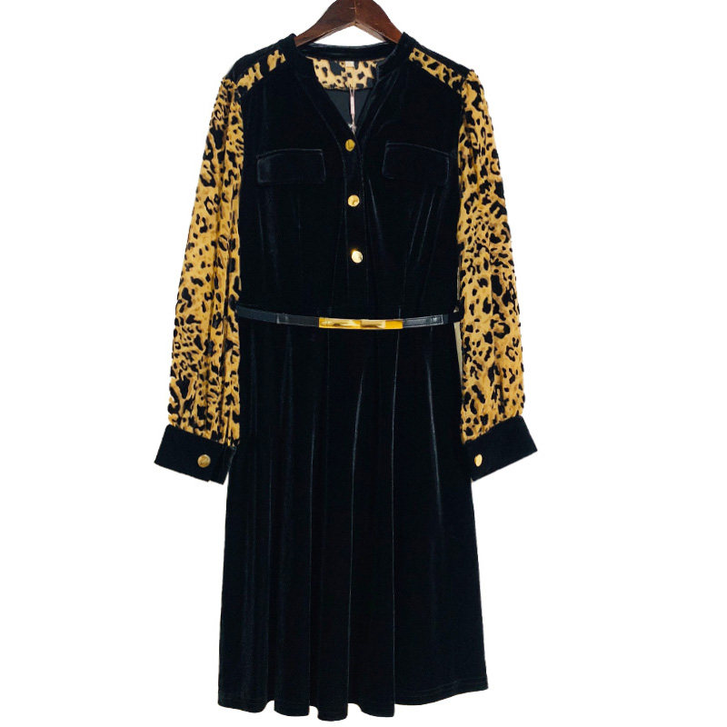 蓝贝紫20-LC255艾薇儿20-AC1255秋季新款豹纹连衣裙