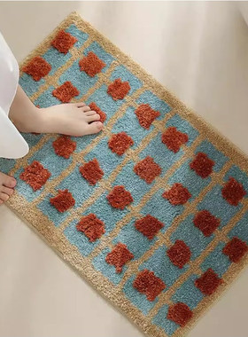 中古风植绒地毯格子客厅卧室飘窗垫浴室卫生间地垫ins风防滑脚垫