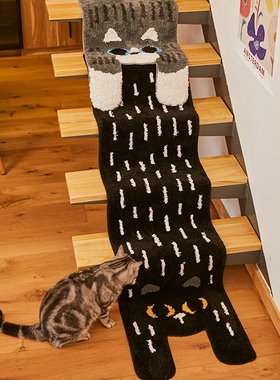 卡通长猫趴趴可爱卧室地毯房间客厅植绒地毯儿童床边毯ins风地垫