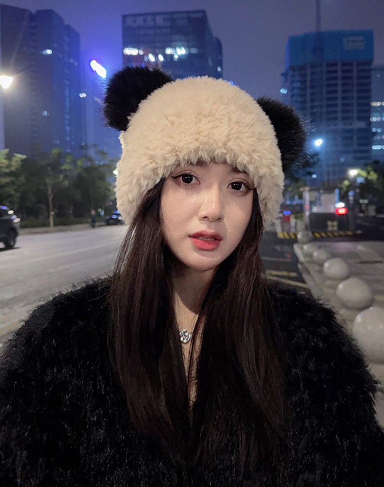 毛线帽女冬季可爱熊猫耳朵保暖帽