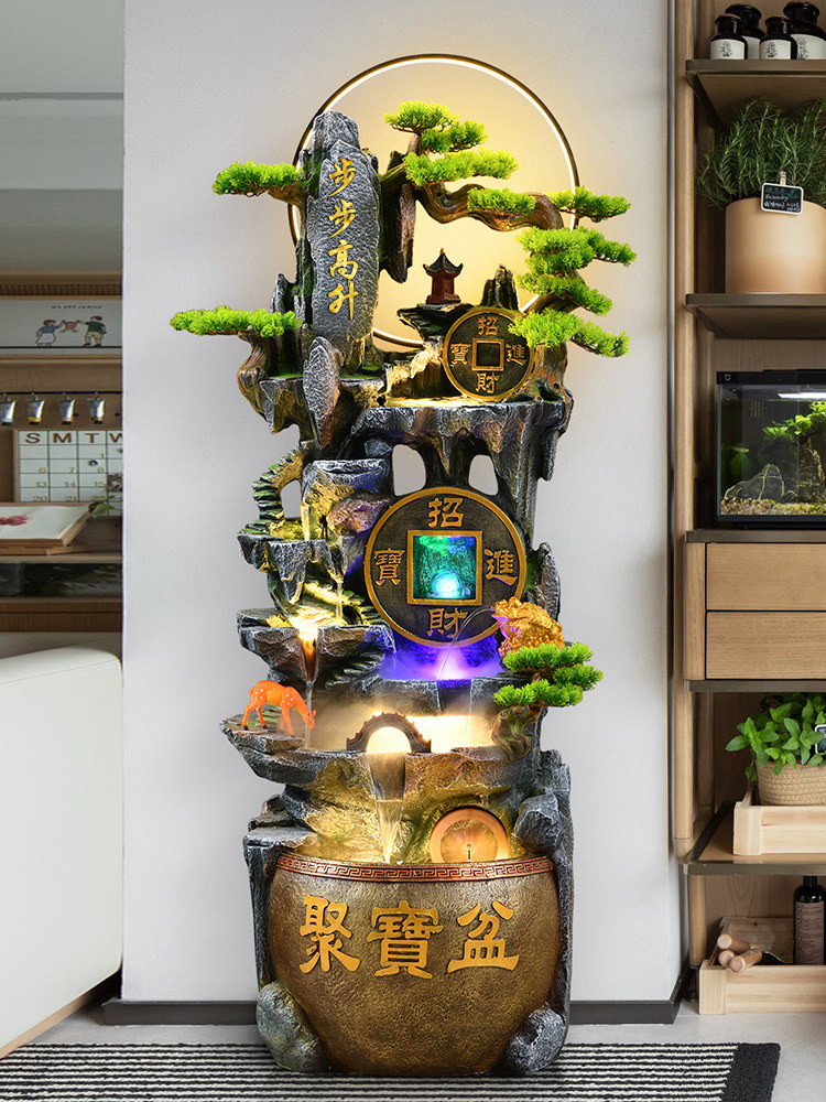 新中式风格客厅聚宝盆假山流水摆件循环水办公室财运开业风水轮园