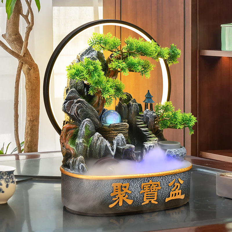 桌面假山流水摆件招财风水轮装饰
