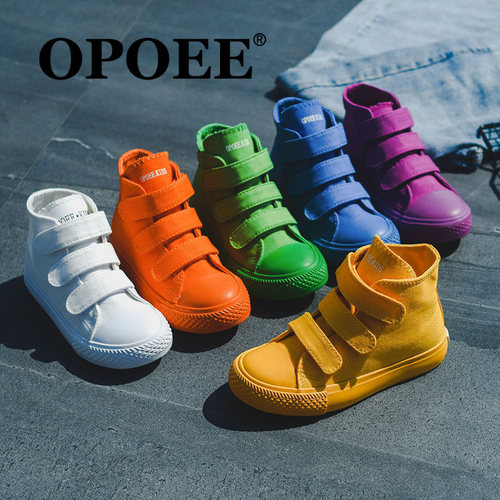 opoee糖果色魔术贴板儿童帆布鞋