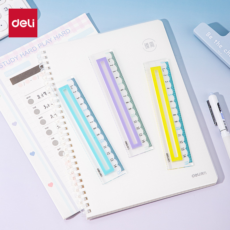 得力防滑透明尺子直尺小学生手抄报多功能画图几何绘图初中生专用一二年级套装镂空直尺20cm软尺高颜值