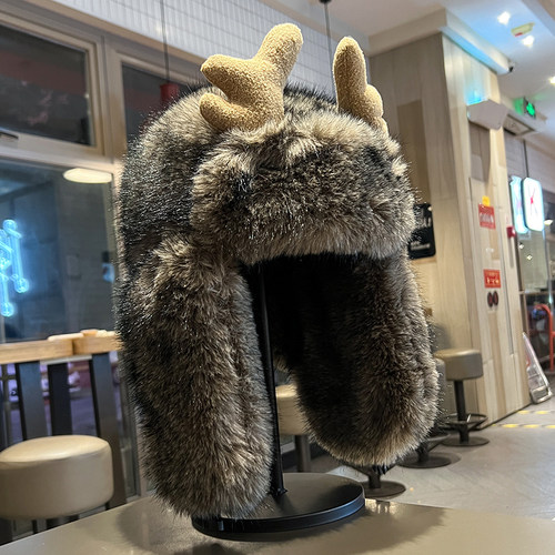 鹿角仿貂毛雷锋帽男女冬季加厚加绒护耳帽子东北户外雪地飞行员帽