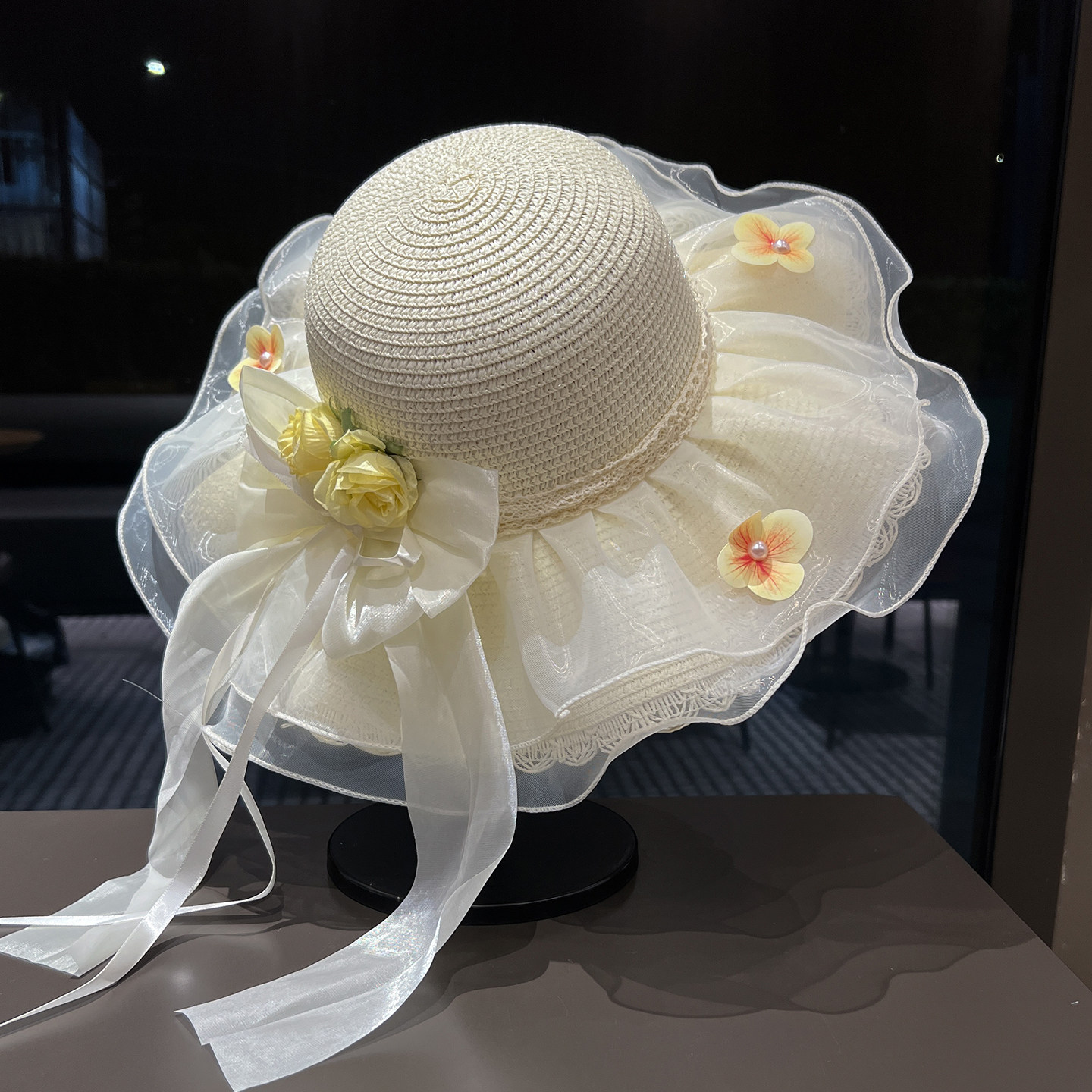 草帽女春夏季飘带花朵防晒遮阳帽子出游度假海边沙滩太阳帽可折叠