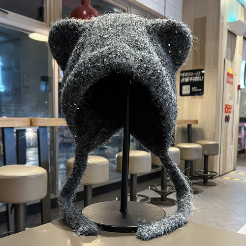 2025新款亮片小熊帽子女大头围韩版毛绒保暖护耳帽秋冬防寒针织帽