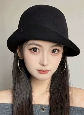 法式赫本风千金黑色羊毛翻檐礼帽女2026秋冬新款高级感百搭渔夫帽