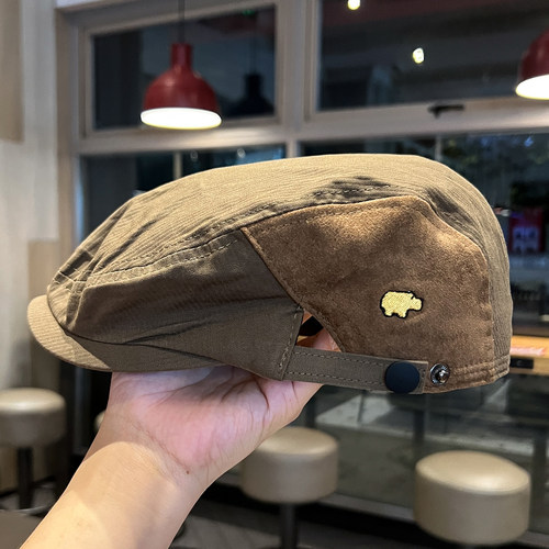 日系拼接河马前进帽男女春秋反戴贝雷帽百搭休闲复古咖色画家帽子