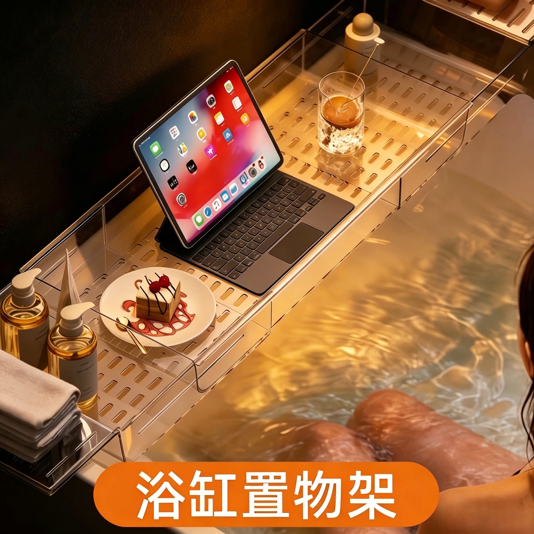 可伸缩亚克力泡澡置物架图片