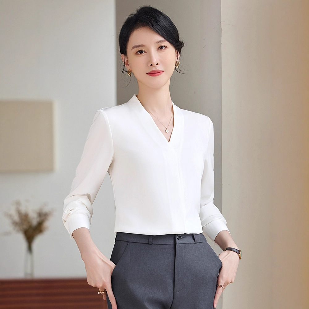 V领白衬衫女春秋新款西装内搭上衣职业面试正装套装长袖雪纺衬衣