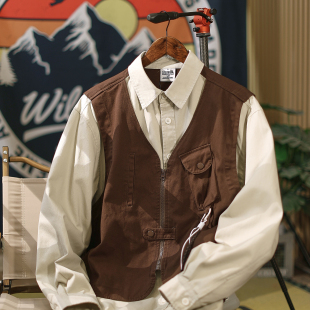 一体 男休闲宽松翻领工装 秋季 衬衫 衬衣 日系复古假两件马甲长袖