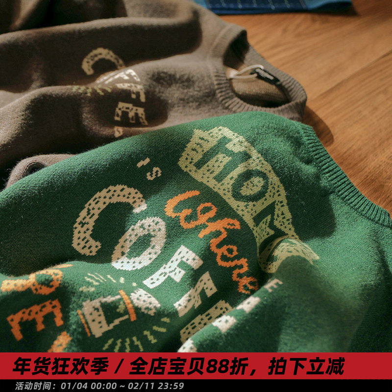 「咖啡」冬季日系复古假两件毛衣男宽松保暖青少年长袖圆领针织衫,男装,针织衫/毛衣,淘宝优惠券,粉丝福利购,淘宝优惠卷