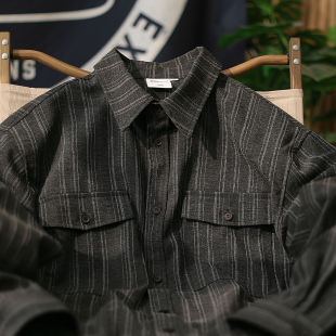 男休闲宽松翻领长袖 衬衫 麒麟先生日系复古条纹工装 衬衣潮 无竹