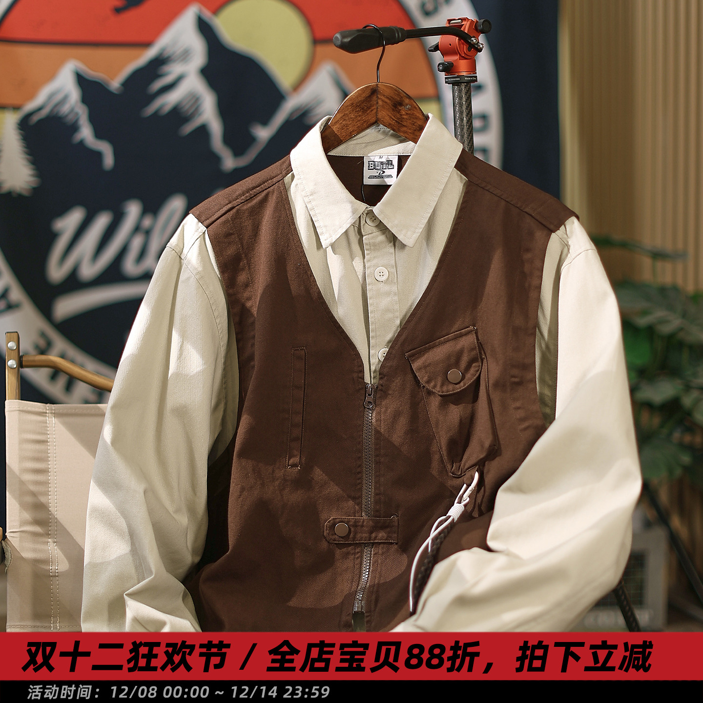 日系复古假两件马甲工装衬衫