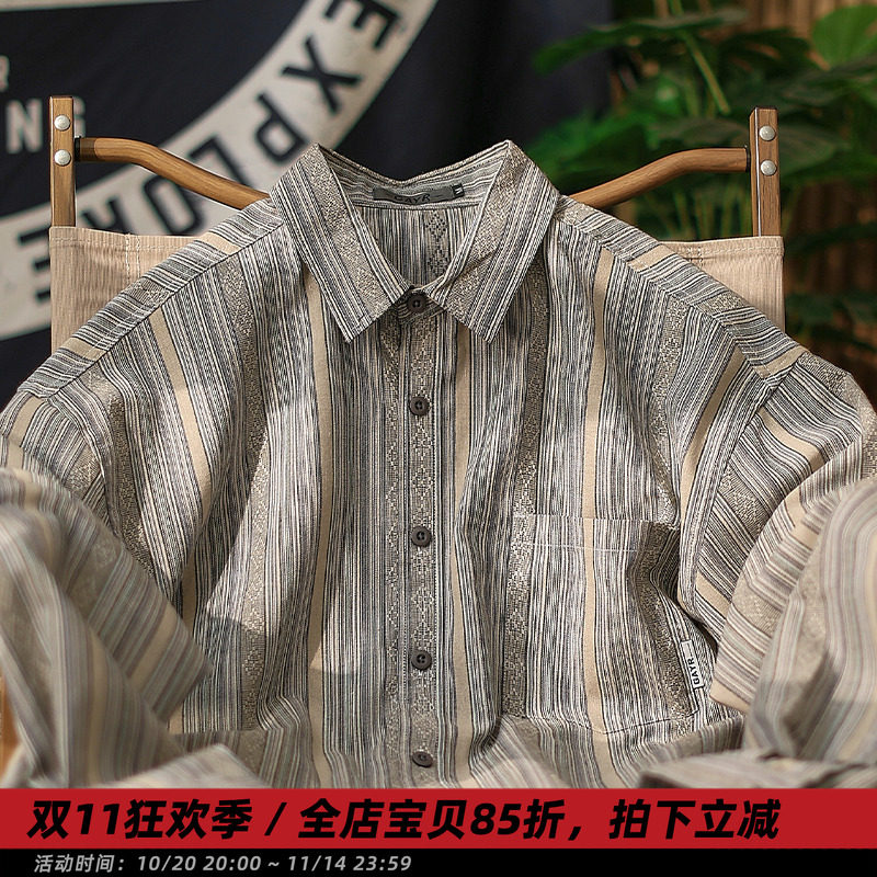 【天柱】麒麟先生春季日系复古条纹工装衬衫男休闲潮流长袖衬衣