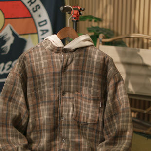 日系假两件连帽格子棉衣男宽松情侣装 麒麟先生冬季 棉服 梯田