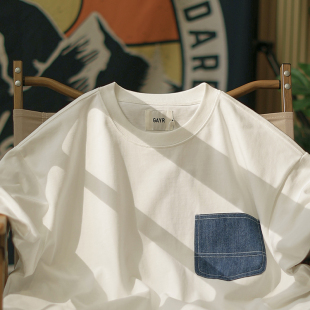牛仔口袋 男装 300g重磅夏季 T恤衫 休闲宽松纯棉圆领tee 日系短袖