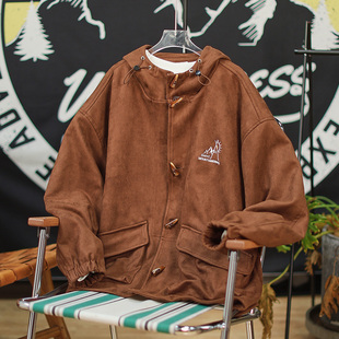「牛角麂皮」秋季日系复古刺绣连帽外套男休闲宽松青少年长袖夹克
