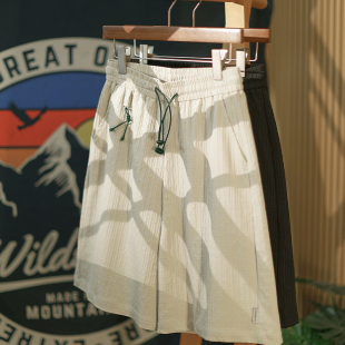 男简约抽绳五分裤 日系纯色休闲短裤 麒麟先生夏季 子 特轻泡泡纱