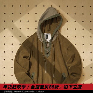 【大漠行者】秋季复古灯芯绒连帽加绒卫衣男休闲宽松保暖补丁上衣