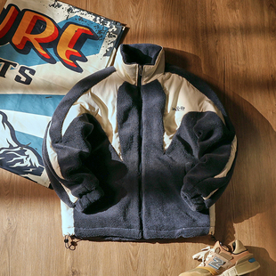 「北境之王」冬季日系复古羊羔毛拼接立领棉衣男宽松印花保暖棉服