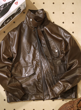 【寻猎】秋冬美式复古MK3猎装PU皮夹克男休闲宽松多口袋立领外套