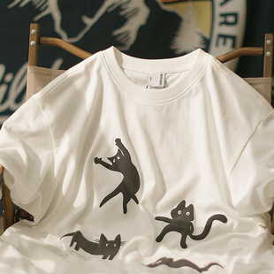 T恤男休闲宽松情侣装 日系潮牌印花短袖 夏季 纯棉圆领tee 黑猫