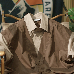 【书生意气】夏季日系复古假两件短袖工装衬衫男口袋半袖翻领衬衣