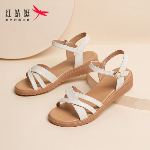 红蜻蜓坡跟交叉细带妈妈凉鞋