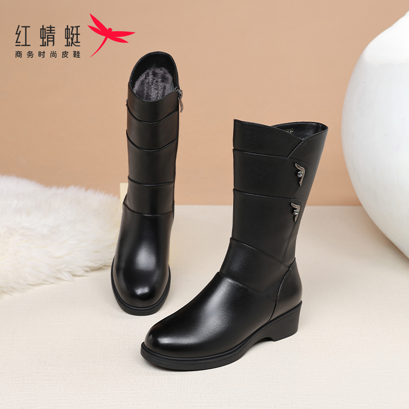 红蜻蜓妈妈棉鞋冬季加绒长筒女靴