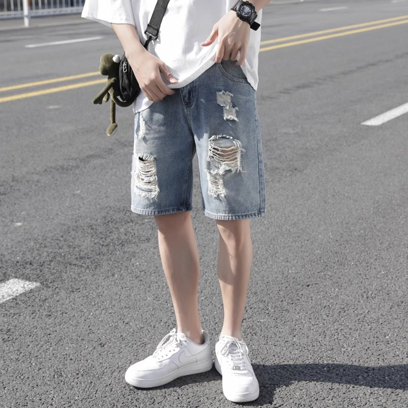 夏季薄款破洞牛仔短裤男2025