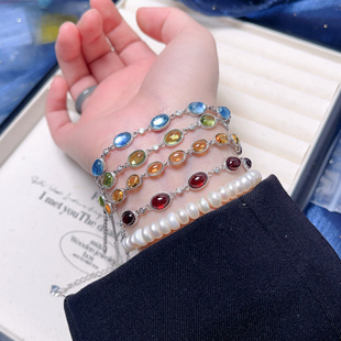 s925纯银天然水晶彩宝手链海蓝宝黄水晶橄榄石石榴石女小众闺蜜