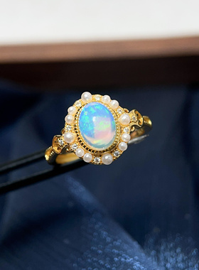 【温柔小贝珠】天然非洲欧泊戒指s925纯银活口可调节幻彩礼物