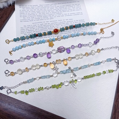 【一些手作】海蓝宝随石手链牡丹花手牌s925纯银碧玺小众原创礼物