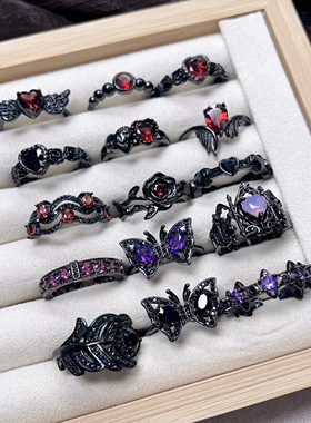 【黑金系列】甜酷风纯银戒指哥特风石榴石紫水晶黑尖晶电镀黑金